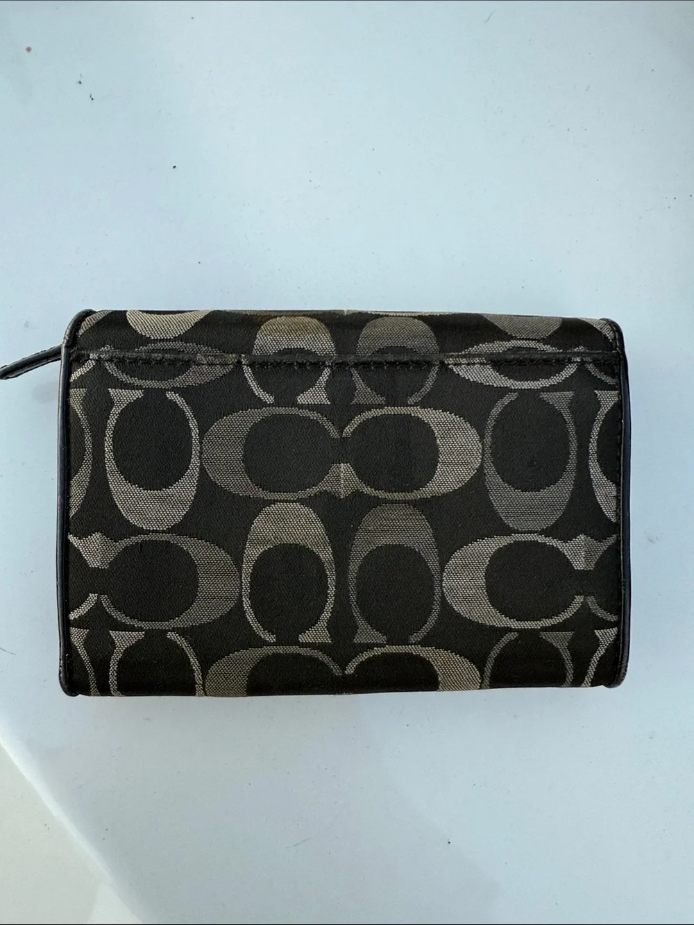 Coach Brown and Tan Signature Canvas Wallet with Silver Medallion